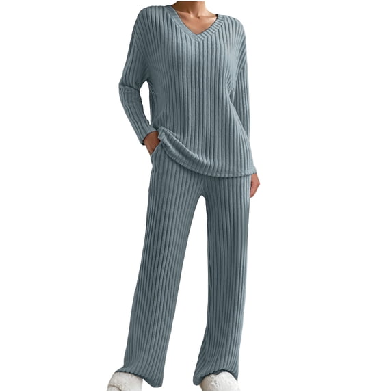 UAMVSH 2 Piece Sets for Women Long Sleeve Ribbed Knit Tops and Pants Lounge Set Comfy Soft V Neck Fall Winter Casual Outfits