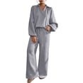 thumbnail image 1 of UAMVSH 2 Piece Sets for Women Oversized Long Sleeve Shirts Wide Leg Pants Matching Sets Casual Textured Lapel V Neck Lounge Sets, 1 of 7