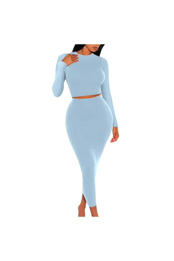2 Piece Sets for Women Slim Fit Crewneck Lounge Set Ribbed Knit Crop Tops with Long Dress Matching Set Going Out Outfits