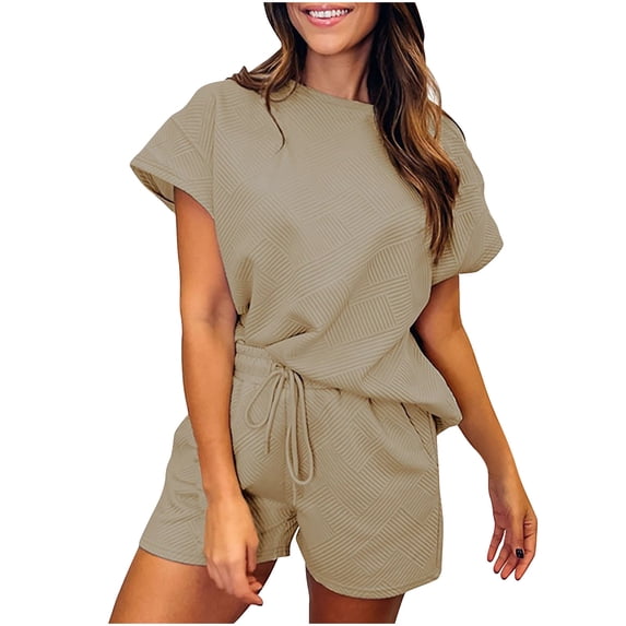 UAMVSH 2 Piece Shorts Set for Women Textured Cap Sleeve Workout Set Summer Crewneck Top Matching Outfits Going Out Gym Clothes