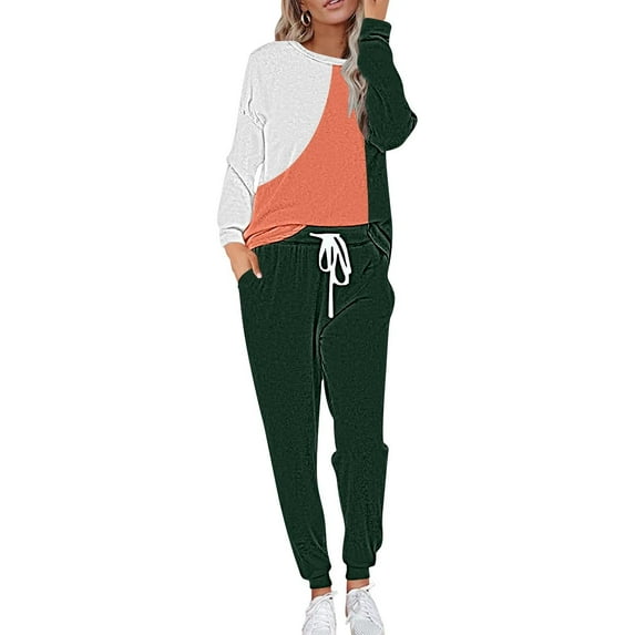 UAMVSH 2 Piece Sweatsuits Outfits Sets for Women Soft Jogging Workout Pants with Pockets Trendy Color Block Pullover Tops Long Sleeve Loungewear(LargeGreen)