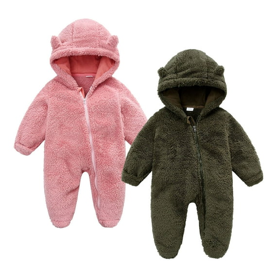 UAMVSH 2PC Newborn Baby Romper Fleece Long Sleeve Zipper Onesies Infant Boys Girls Warm Footed Hooded Jumpsuit Winter Clothes 0-12M