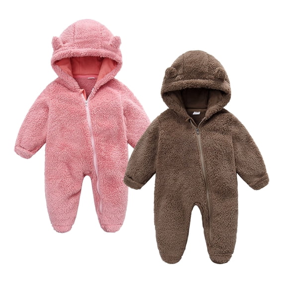 UAMVSH 2PC Newborn Baby Romper Fleece Long Sleeve Zipper Onesies Infant Boys Girls Warm Footed Hooded Jumpsuit Winter Clothes 0-12M