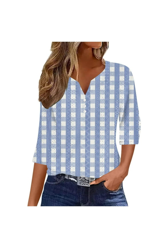 3/4 Length Sleeve Womens Shirts Casual Printed Flowy Tunic Tops Loose Fit Eyelet Dressy Blouses Soft Business Work Tees(Medium,Blue 3)