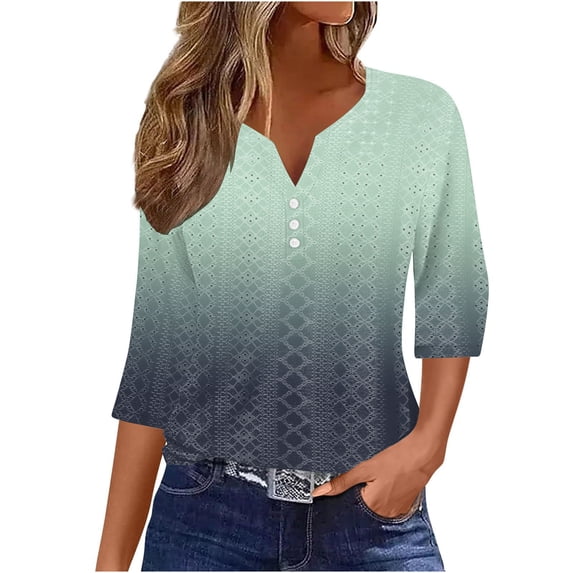 UAMVSH 3/4 Length Sleeve Womens Shirts Casual Printed Flowy Tunic Tops Loose Fit Eyelet Dressy Blouses Soft Business Work Tees(Medium,Gray 2)