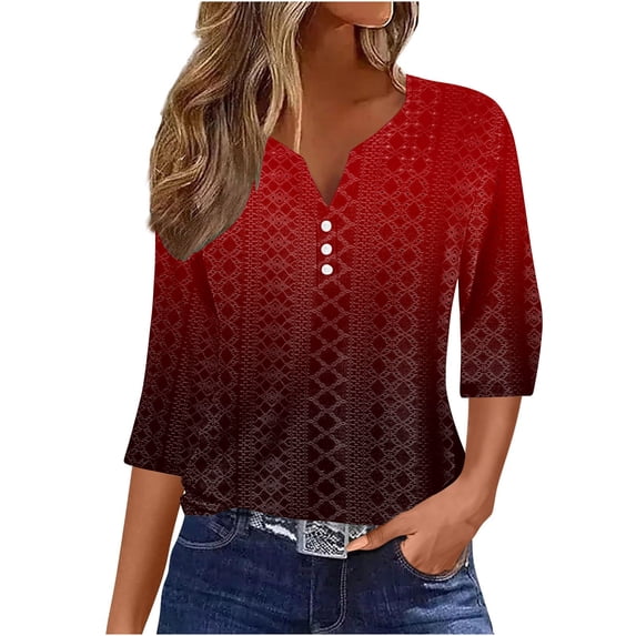 UAMVSH 3/4 Length Sleeve Womens Shirts Casual Printed Flowy Tunic Tops Loose Fit Eyelet Dressy Blouses Soft Business Work Tees(Medium,Wine 1)
