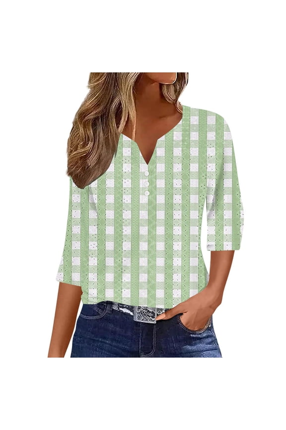 3/4 Length Sleeve Womens Shirts Casual Printed Flowy Tunic Tops Loose Fit Eyelet Dressy Blouses Soft Business Work Tees(Small,Green 3)