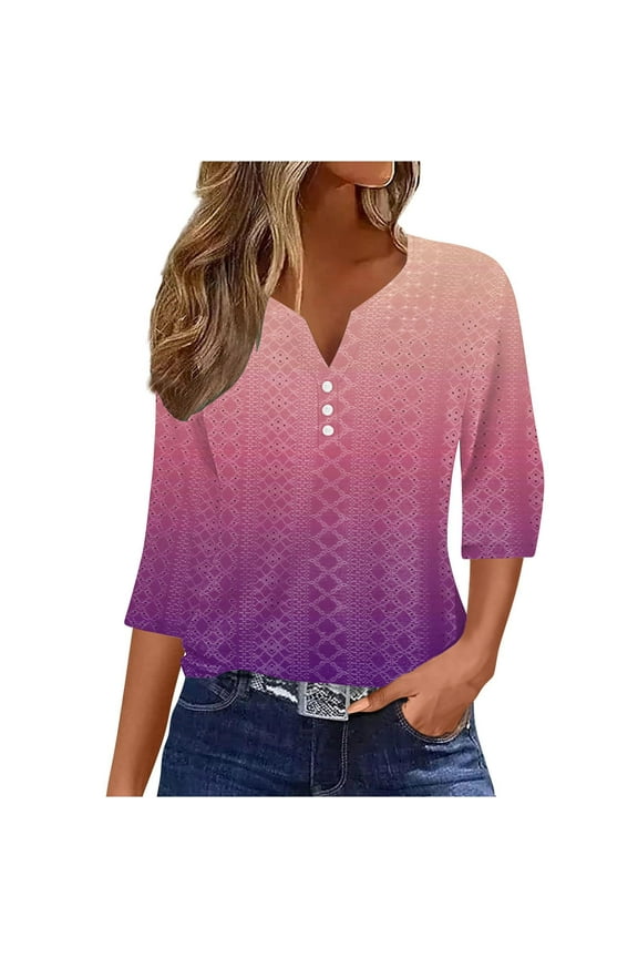 3/4 Length Sleeve Womens Shirts Casual Printed Flowy Tunic Tops Loose Fit Eyelet Dressy Blouses Soft Business Work Tees(Small,Purple)