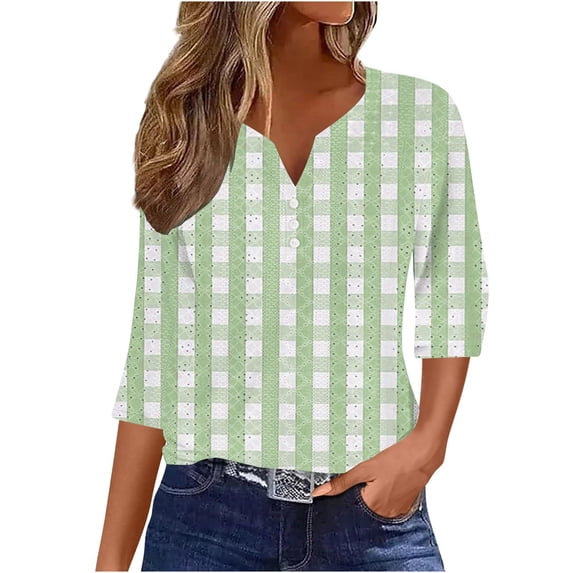UAMVSH 3/4 Length Sleeve Womens Shirts Casual Printed Flowy Tunic Tops Loose Fit Eyelet Dressy Blouses Soft Business Work Tees(XX-Large,Green 3)