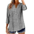 thumbnail image 1 of UAMVSH 3/4 Length Sleeve Womens Tops Pleated Plaid V Neck Button T-Shirt Lightweight Casual Linen Shirts Summer Outfits, 1 of 6