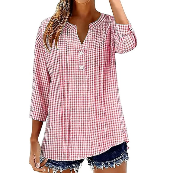 UAMVSH 3/4 Length Sleeve Womens Tops Pleated Plaid V Neck Button T-Shirt Lightweight Casual Linen Shirts Summer Outfits