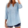 thumbnail image 1 of UAMVSH 3/4 Length Sleeve Womens Tops Pleated Plaid V Neck Button T-Shirt Lightweight Casual Linen Shirts Summer Outfits, 1 of 6