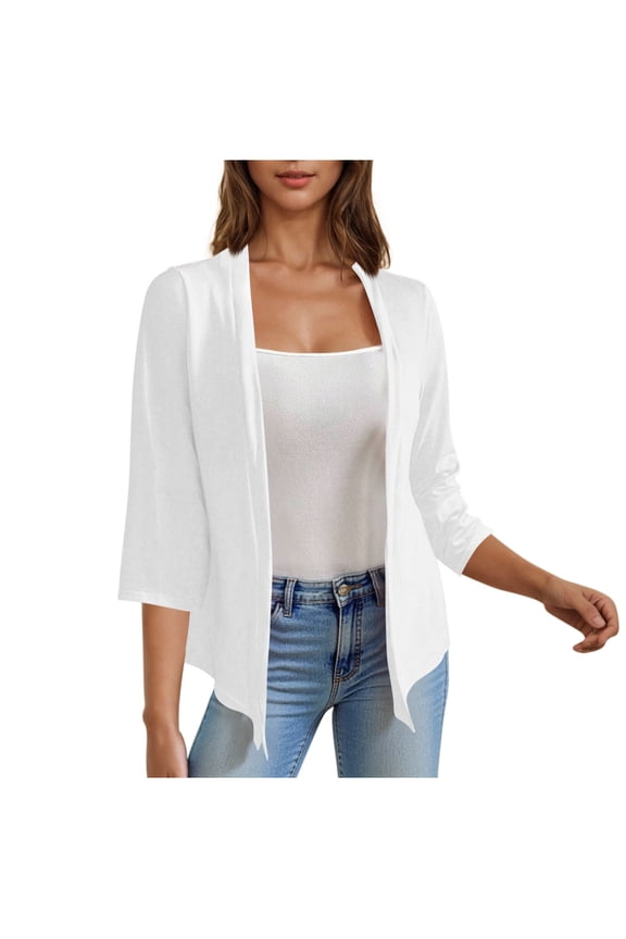 3/4 Sleeve Cardigans for Women Elegant Open Front Vacation Jackets Lightweight Baggy Cover Ups Casual Solid Color Summer Fall Coats(X-Large,White)