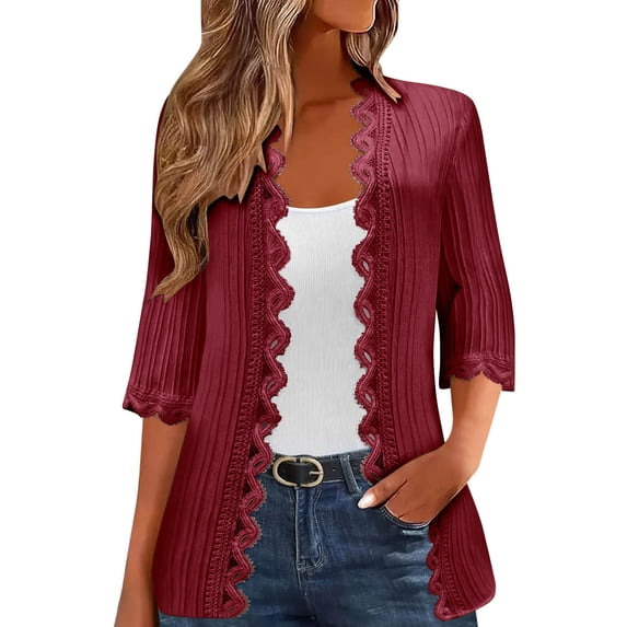 UAMVSH 3/4 Sleeve Cardigans for Women Trendy Embroidered Holiday Casual Tops Outfits Soft Lace Open Front Jacket Coats Fall Clothes(Large,Wine)