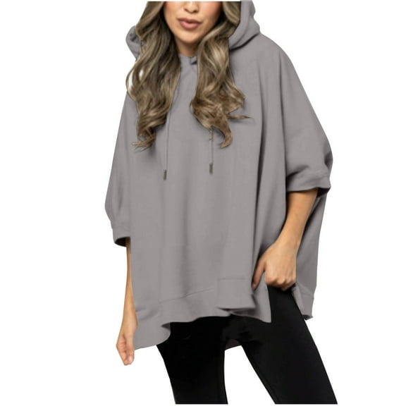 UAMVSH 3/4 Sleeve Hoodie for Women Casual Oversized Baggy Drawstring Hooded Sweatshirts Trendy Side Slit Pullover Outfits(Small,Gray)