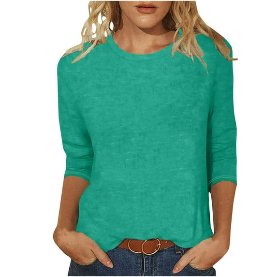UAMVSH 3/4 Sleeve Shirts for Women Casual Loose Fit Solid Color Tunic Tops Soft Crew Neck Office Work Dressy Blouses(Small,Green)