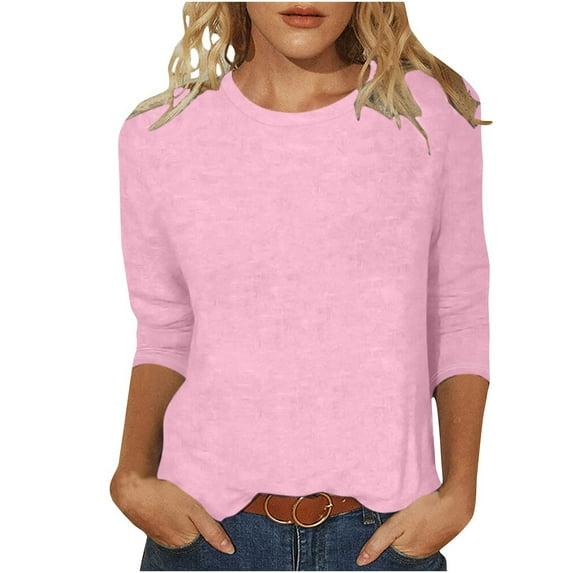 UAMVSH 3/4 Sleeve Shirts for Women Casual Loose Fit Solid Color Tunic Tops Soft Crew Neck Office Work Dressy Blouses(Small,Pink 1)