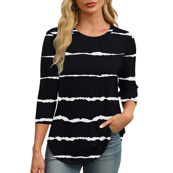 UAMVSH 3/4 Sleeve Tops for Women Fashionable Pleated Front Tunic Tops Casual Crew Neck Stripe Dressy Tees Blouses with Curved Hem(Small,Multicolor)