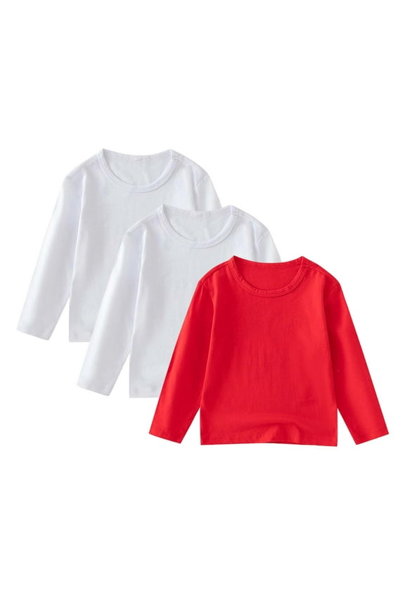 3 Pack Girls Boys Long Sleeve Shirts Lightweight Kids Unisex Cotton T-Shirt Basic Plain Crew Neck Tops Fall Clothes(12-24 Months,White)