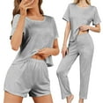 thumbnail image 1 of UAMVSH 3 Piece Pajama Set for Women Soft Crewneck Crop Tops and Long Pants with Shorts Pj Set Comfy Casual T-Shirt Loungewear, 1 of 7