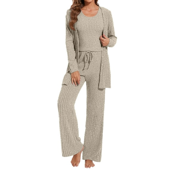 UAMVSH 3 Piece Ribbed Lounge Sets for Women Knitted Long Sleeve Cardigan Cropped Tank Top and Wide Leg Pants Fall Winter Sets(MediumKhaki)