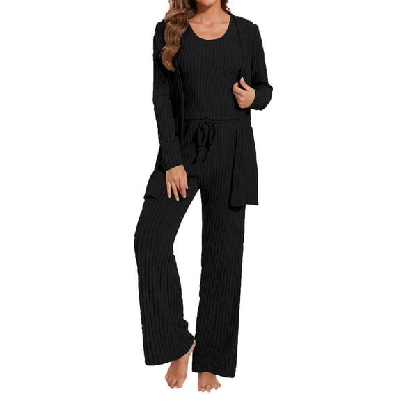 UAMVSH 3 Piece Ribbed Lounge Sets for Women Knitted Long Sleeve Cardigan Cropped Tank Top and Wide Leg Pants Fall Winter Sets(SmallBlack)