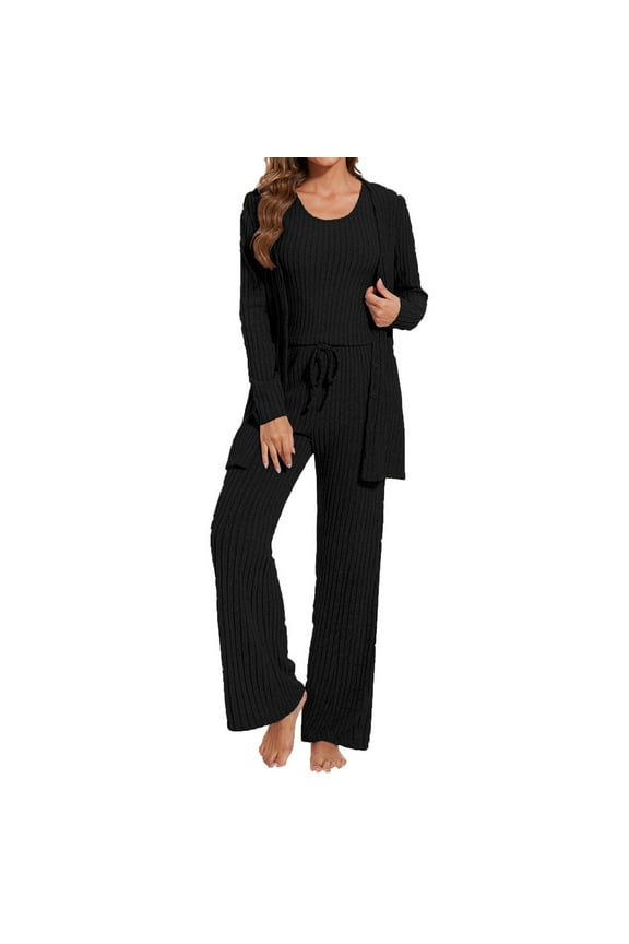 3 Piece Ribbed Lounge Sets for Women Knitted Long Sleeve Cardigan Cropped Tank Top and Wide Leg Pants Fall Winter Sets(SmallBlack)