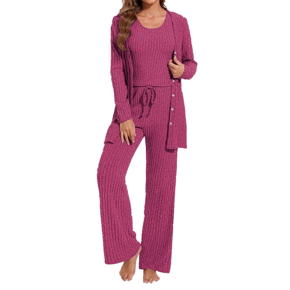 UAMVSH 3 Piece Ribbed Lounge Sets for Women Knitted Long Sleeve Cardigan Cropped Tank Top and Wide Leg Pants Fall Winter Sets(SmallHot Pink)