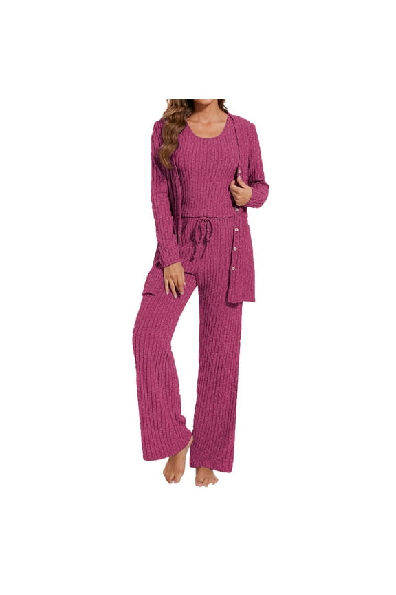 3 Piece Ribbed Lounge Sets for Women Knitted Long Sleeve Cardigan Cropped Tank Top and Wide Leg Pants Fall Winter Sets(SmallHot Pink)