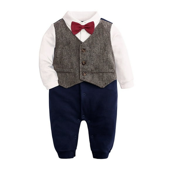 UAMVSH Baby Boy Romper Suits Newborn Infant Bow Tie Long Sleeve Onesies Cute Vest Collared Jumpsuit Wedding Outfit 0-24Months