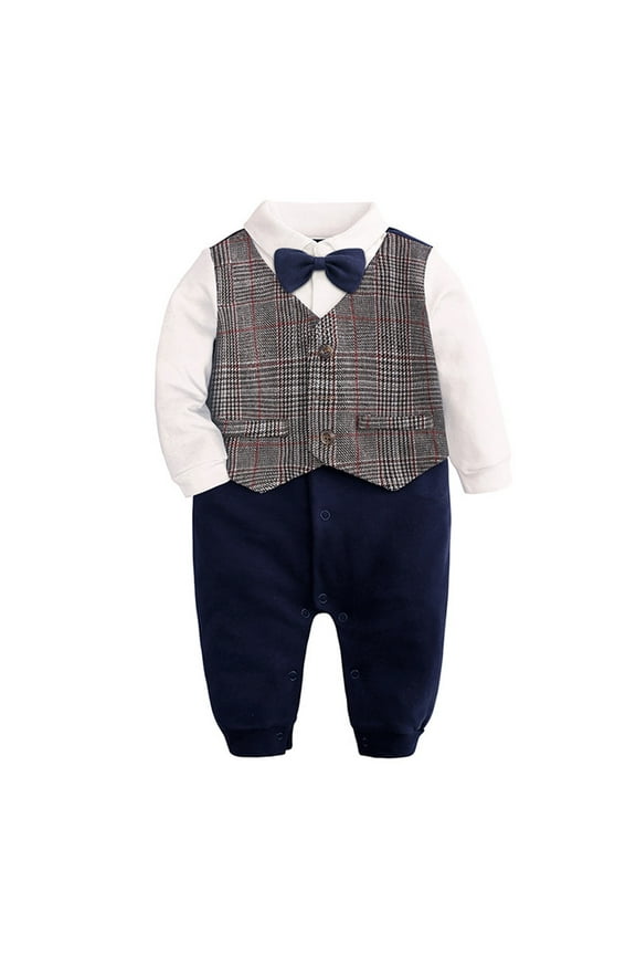 Baby Boy Romper Suits Newborn Infant Bow Tie Long Sleeve Onesies Cute Vest Collared Jumpsuit Wedding Outfit 0-24Months