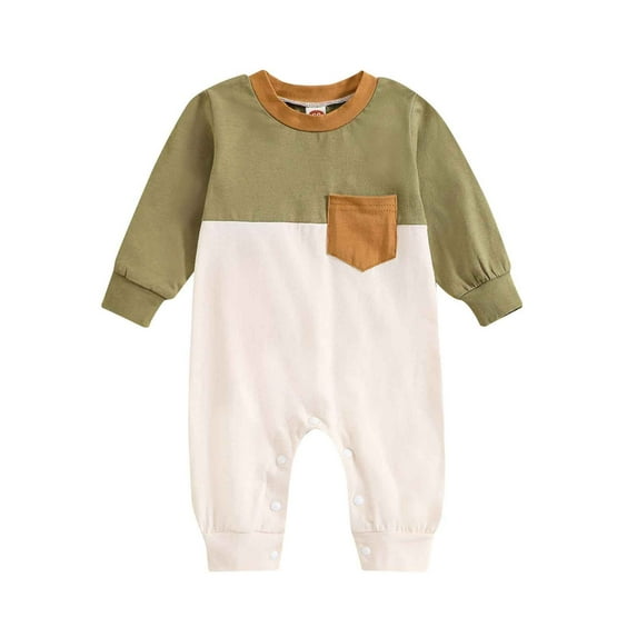 UAMVSH Baby Fall Winter Clothes Lightweight Long Sleeve Color Block Trendy Jumpsuits Infant Crew Neck Onesie Rompers with Chest Pockets(0-3 Months,Army Green)