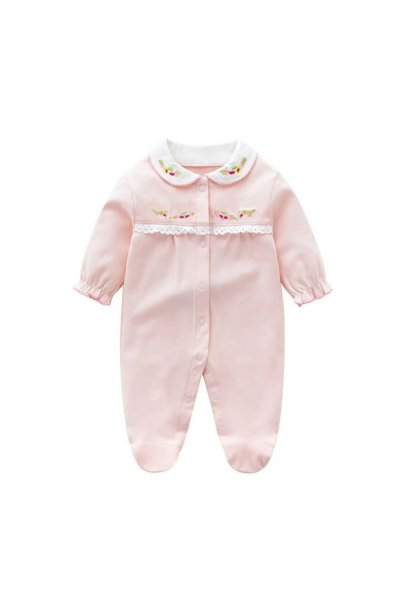 Baby Girl Clothes Newborn Infant Cute Embroidered Long Sleeve Onesies Lace Trim Footed Jumpsuit Kids Fall Outfits 0-18Months