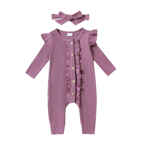 UAMVSH Baby Girl Romper Newborn Infant Ribbed Knit Long Sleeve Jumpsuit Button Ruffle One Piece Fall Outfits with Headband 0-18M