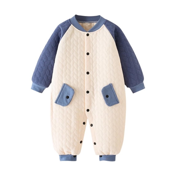 UAMVSH Baby Jumpsuits Fall Winter Warm Quilted Cotton Rompers with Pockets Infant Boys Girls Clothes Thick Color Block Outfits(6-9 Months,Blue)