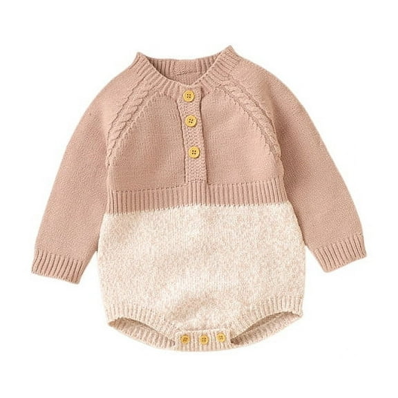 UAMVSH Baby Winter Clothes Newborn Infant Button Crew Neck Romper Sweater Color Block Knit Long Sleeve Bodysuit for Boys Girls 1-18M
