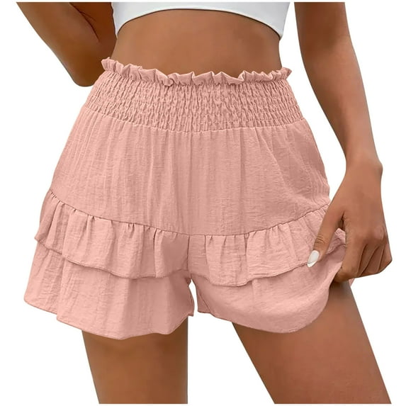 UAMVSH Beach Shorts for Women Trendy Ladies Ruffle Hem Shorts High Elastic Waist Layered Summer Flowy Baggy Shorts