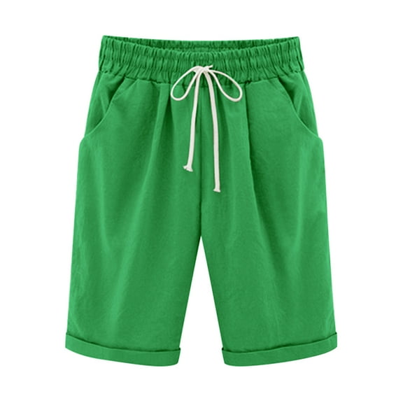 UAMVSH Bermuda Shorts for Women Casual Summer Beach Straight Leg Shorts with Pockets High Waist Fold Hem Knee Length Shorts(Medium,Green)