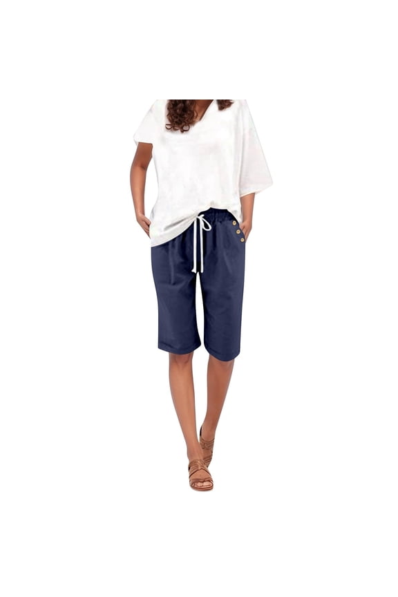 Bermuda Shorts for Women Cotton Linen Casual Beach Shorts with Pockets Trendy Cuffed Hem Summer Vacation Knee Length Shorts