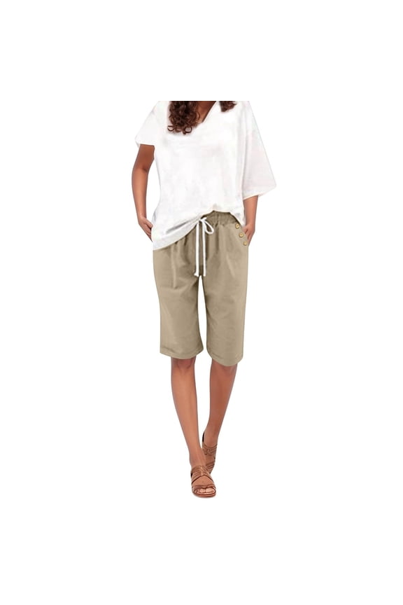 Bermuda Shorts for Women Cotton Linen Casual Beach Shorts with Pockets Trendy Cuffed Hem Summer Vacation Knee Length Shorts