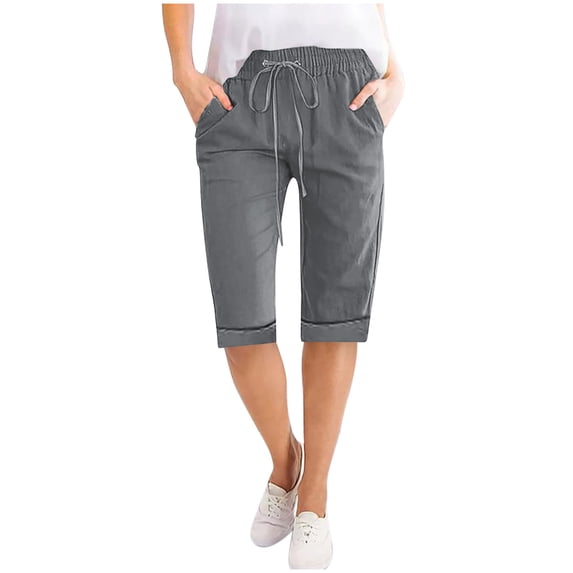 UAMVSH Bermuda Shorts for Women Fashionable Cotton Linen Folded Hem Pockets Shorts Knee Length Elastic Waist Drawstring Shorts