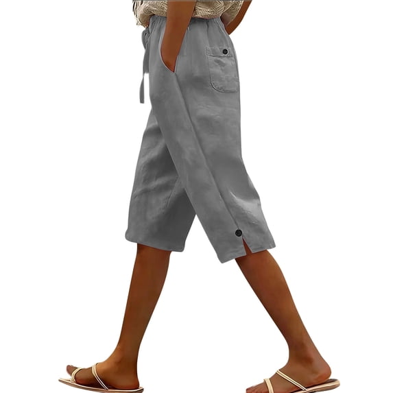 UAMVSH Bermuda Shorts for Women Knee Length Casual Drawstring Linen Shorts Button Side Split Summer Beach Shorts with Pockets