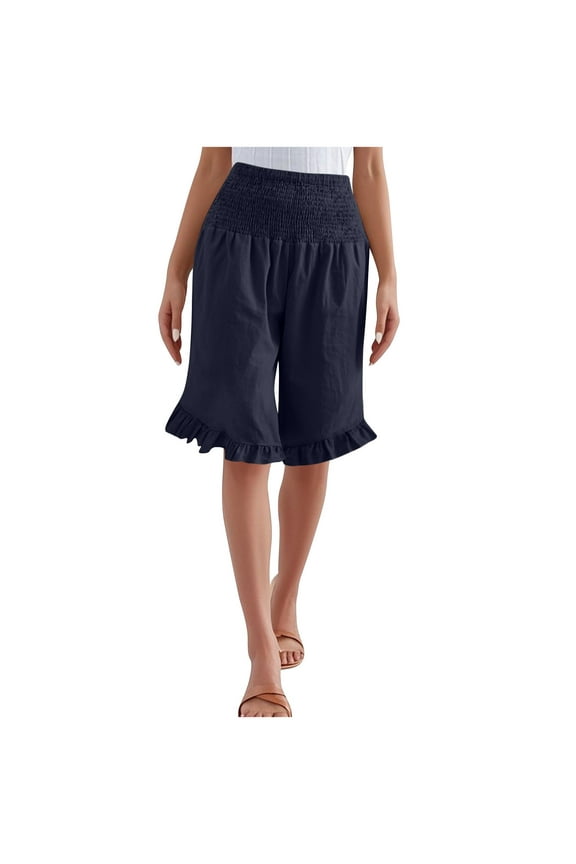 Bermuda Shorts for Women Ruffle Hem Summer Beach Vacation Shorts Casual High Elastic Waist Wide Leg Boho Flowy Shorts