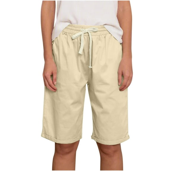 UAMVSH Bermuda Shorts for Women Soft Cotton Linen Knee Length Capri Pants with Cuffed Hem Elastic Waist Drawstring Pockets Shorts