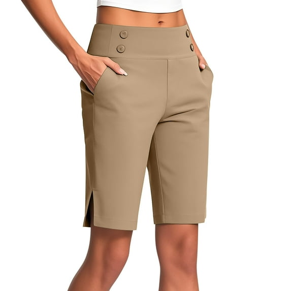 UAMVSH Bermuda Shorts for Women Stretchy Yoga Long Shorts with Button Side Slit Summer Casual Business Work Pockets Shorts