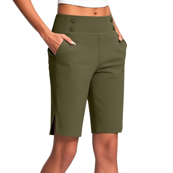 UAMVSH Bermuda Shorts for Women Stretchy Yoga Long Shorts with Button Side Slit Summer Casual Business Work Pockets Shorts