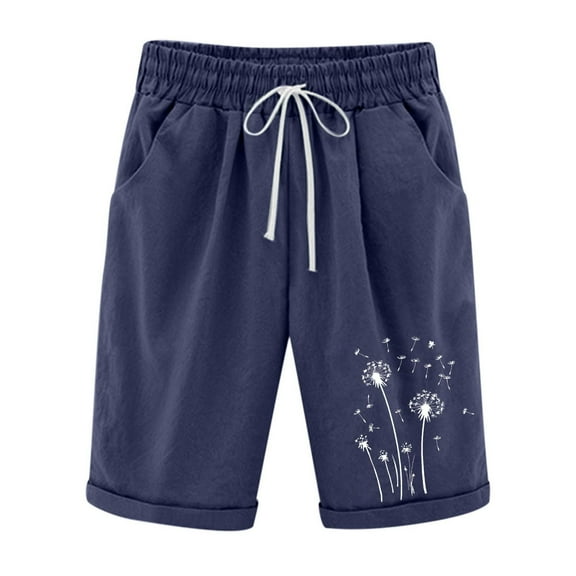 UAMVSH Bermuda Shorts for Women Summer Plus Size Cotton Linen Long Shorts with Cuffed Hem Elastic Waist Drawstring Baggy Shorts