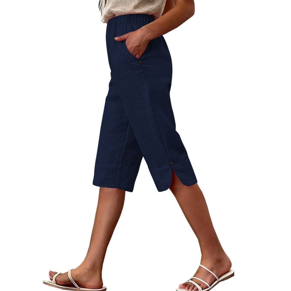 UAMVSH Bermuda Shorts for Womens Side Split Summer Beach Shorts Knee Length Elastic Wasit Casual Long Shorts with Pockets
