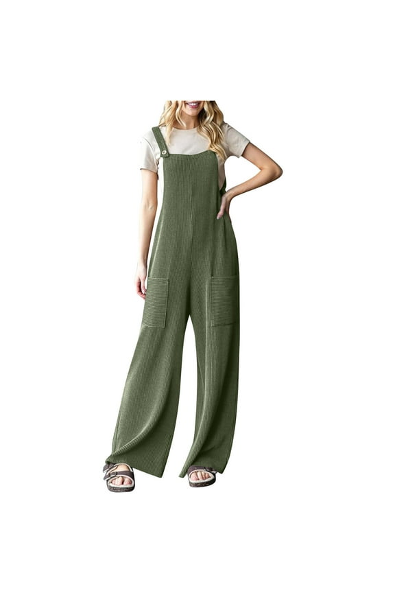 Bib Overalls for Women Ribbed Knitted Casual Sleeveless Wide Strap Long Jumpsuit with Pockets Baggy Wide Leg Beach Rompers