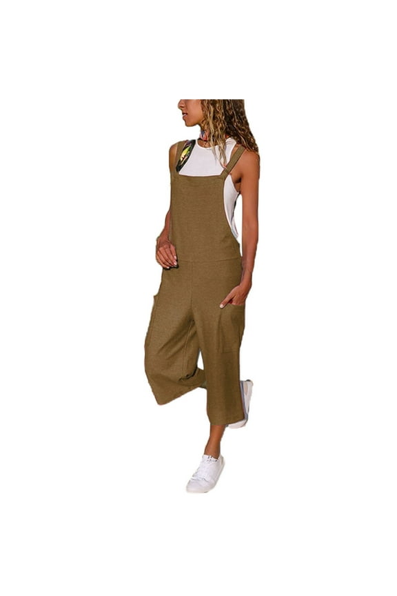 Bib Overalls for Women Plus Size Wide Strap Sleeveless Cotton Linen Jumpsuit with Pockets Soft Summer Beach Party Rompers(XX-Large,Brown)